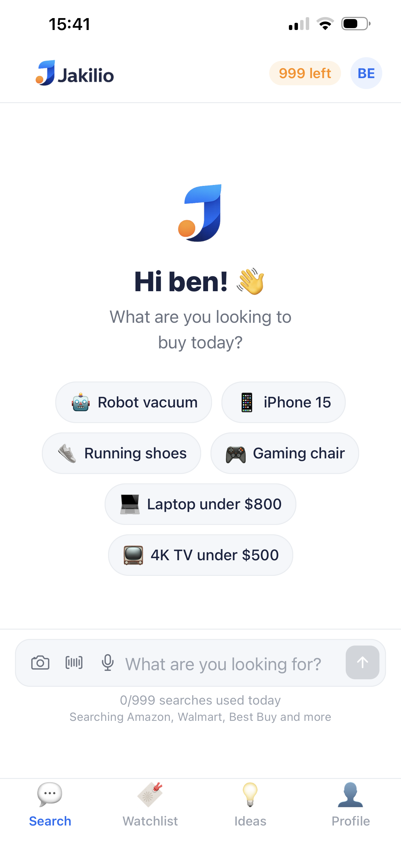Jakilio AI search screen showing product results